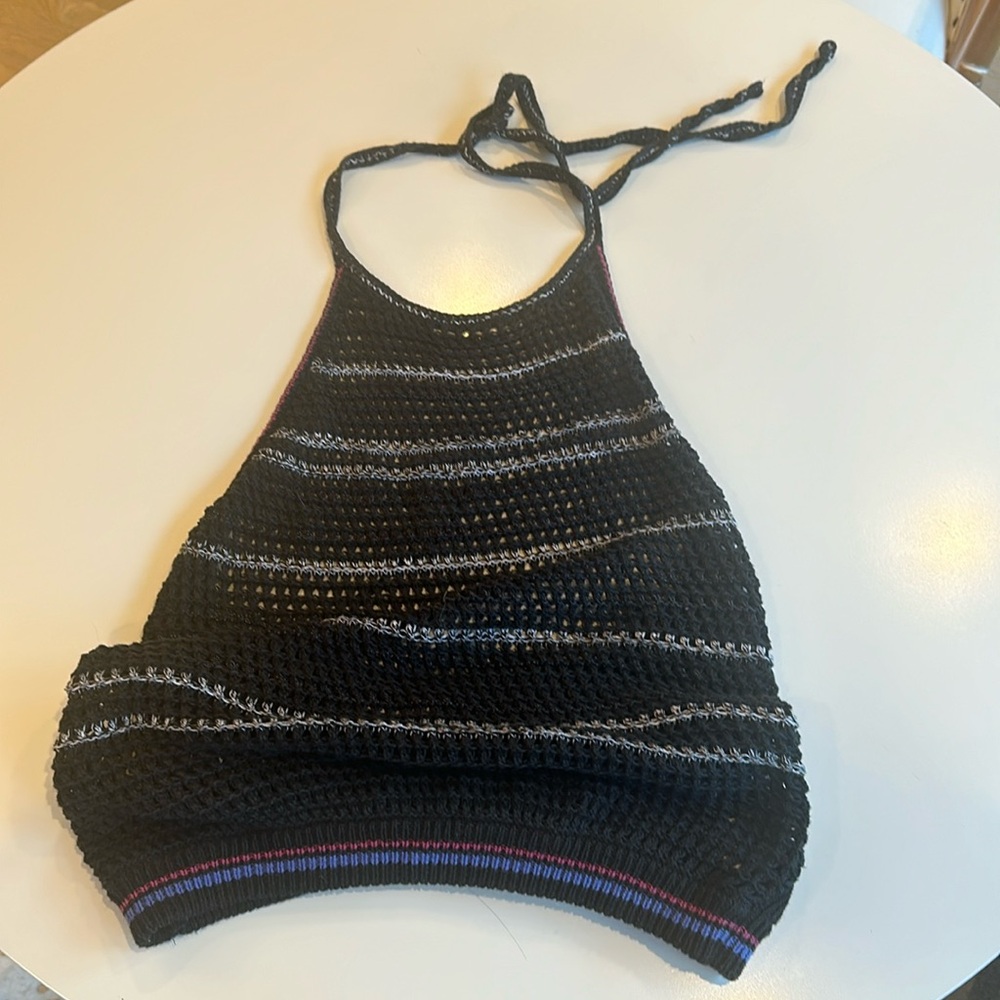 Free People knit top w/ pink, purple and white stripes, backless, ties at neck,